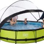 Runder, grüner EXIT Lime Pool ø 360 mit Filterpumpe, Abdeckung und spielenden Personen.