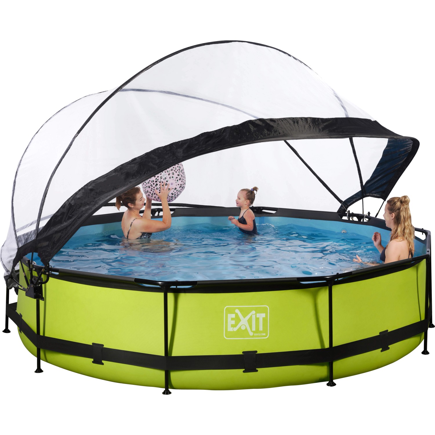 Runder, grüner EXIT Lime Pool ø 360 mit Filterpumpe, Abdeckung und spielenden Personen.