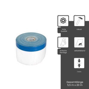 BMSC24 UV Masker Abdeckfolie mit Klebeband, 20m x 0,55m, transparent. Schutz für Malerarbeiten.