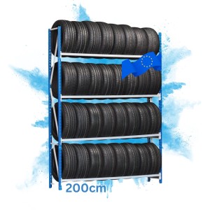 PROREGAL Reifenregal High Maximus Pro mit 4 Ebenen in Lichtblau-Lichtgrau, beladen mit Reifen.