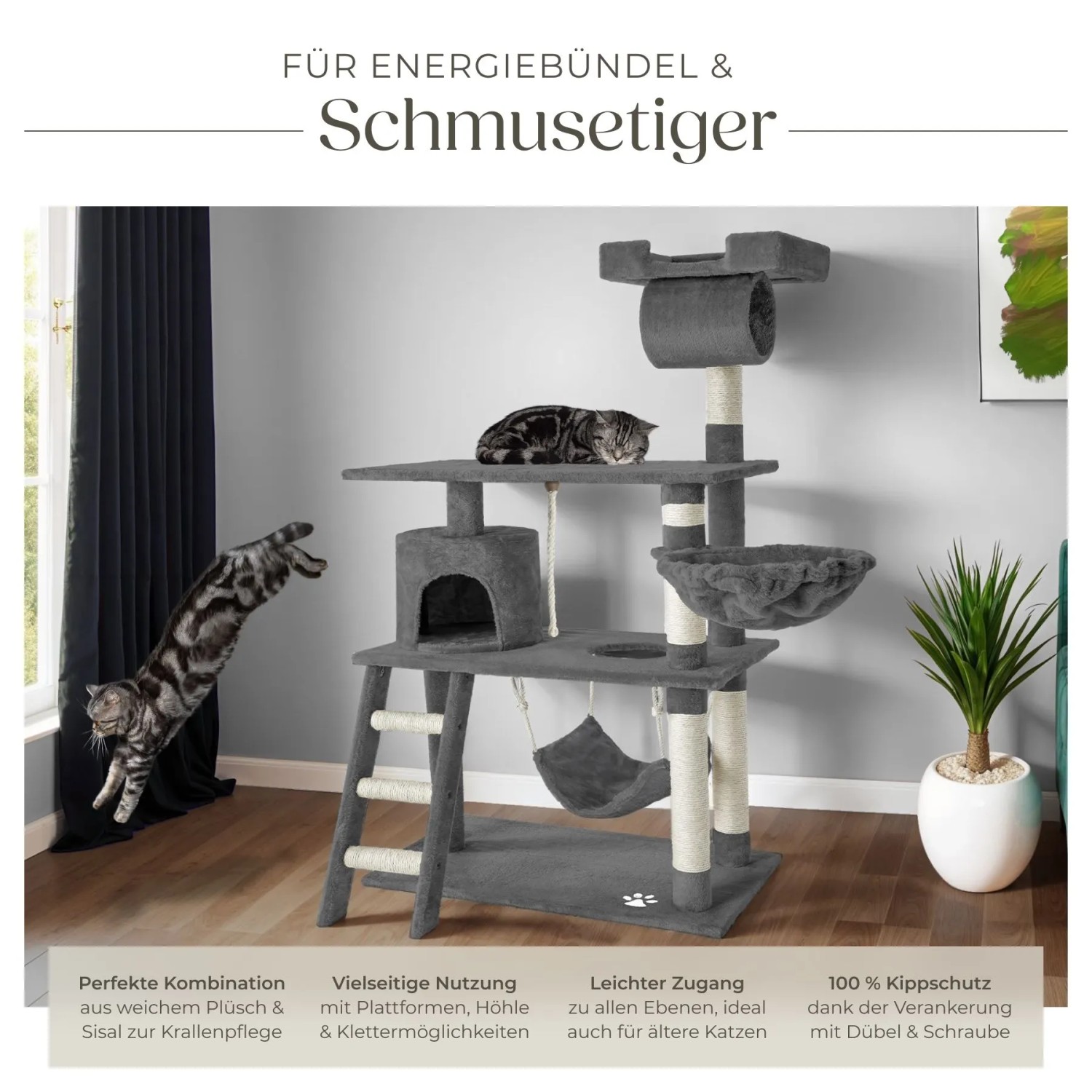 Grauer Tectake Kratzbaum Marcel, 141 cm hoch, mit Sisal, Liegemulde, Hängematte und Katzenhaus.