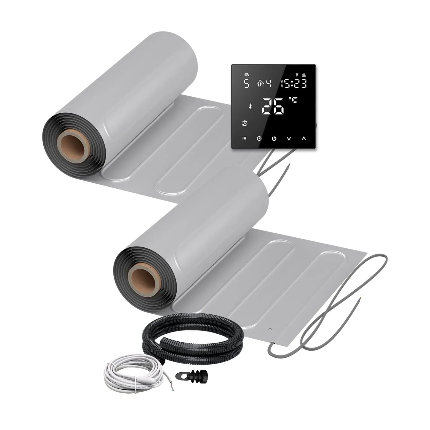 WARMON Fußbodenheizung Elektrisch 2x ALU Matten 150 W/m² 7+6 m² inkl. TS 300 WiFi Thermostat Schwarz