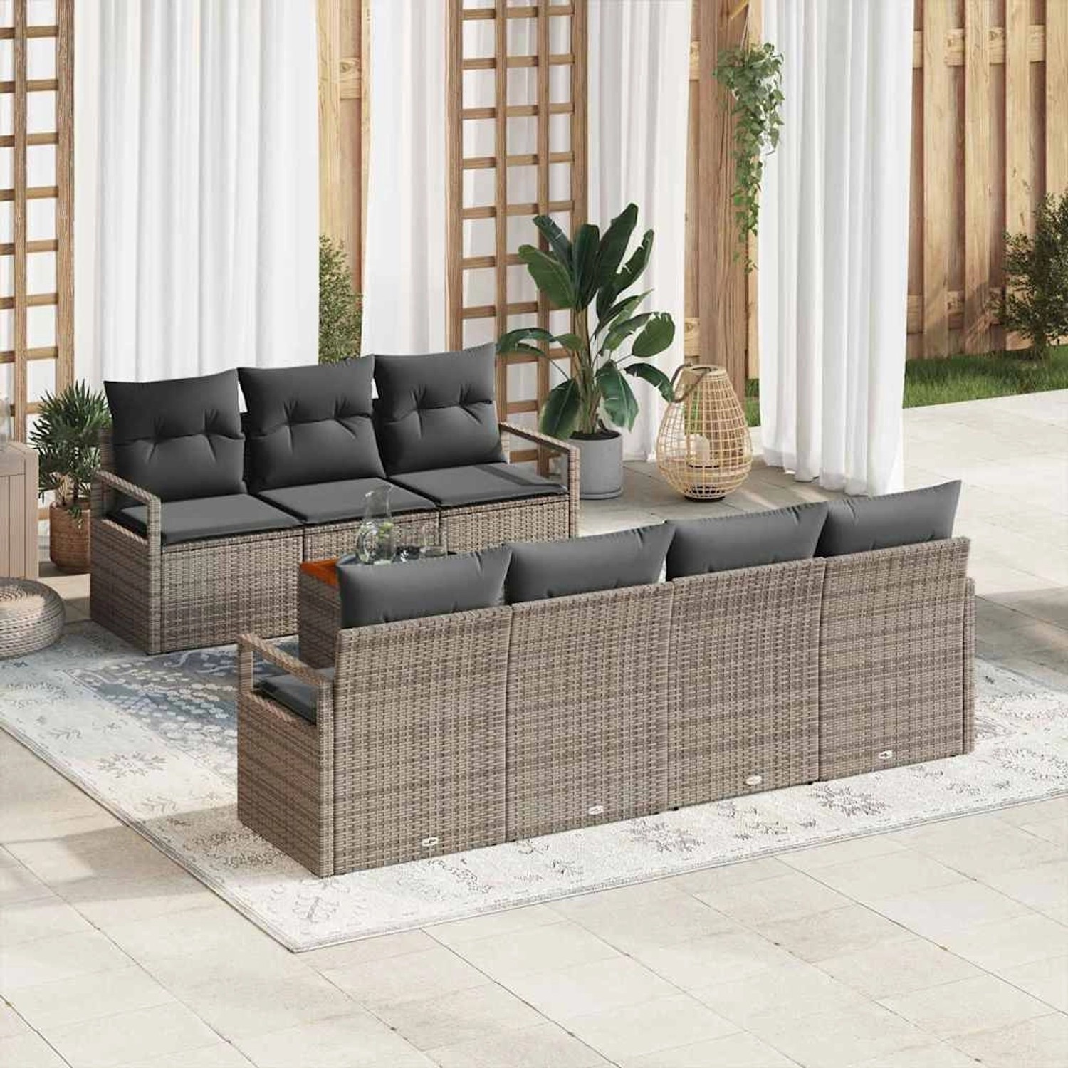 Graues 8-teiliges vidaXL Garten-Sofa-Set aus Rattan und Akazienholz für Terrasse und Garten.