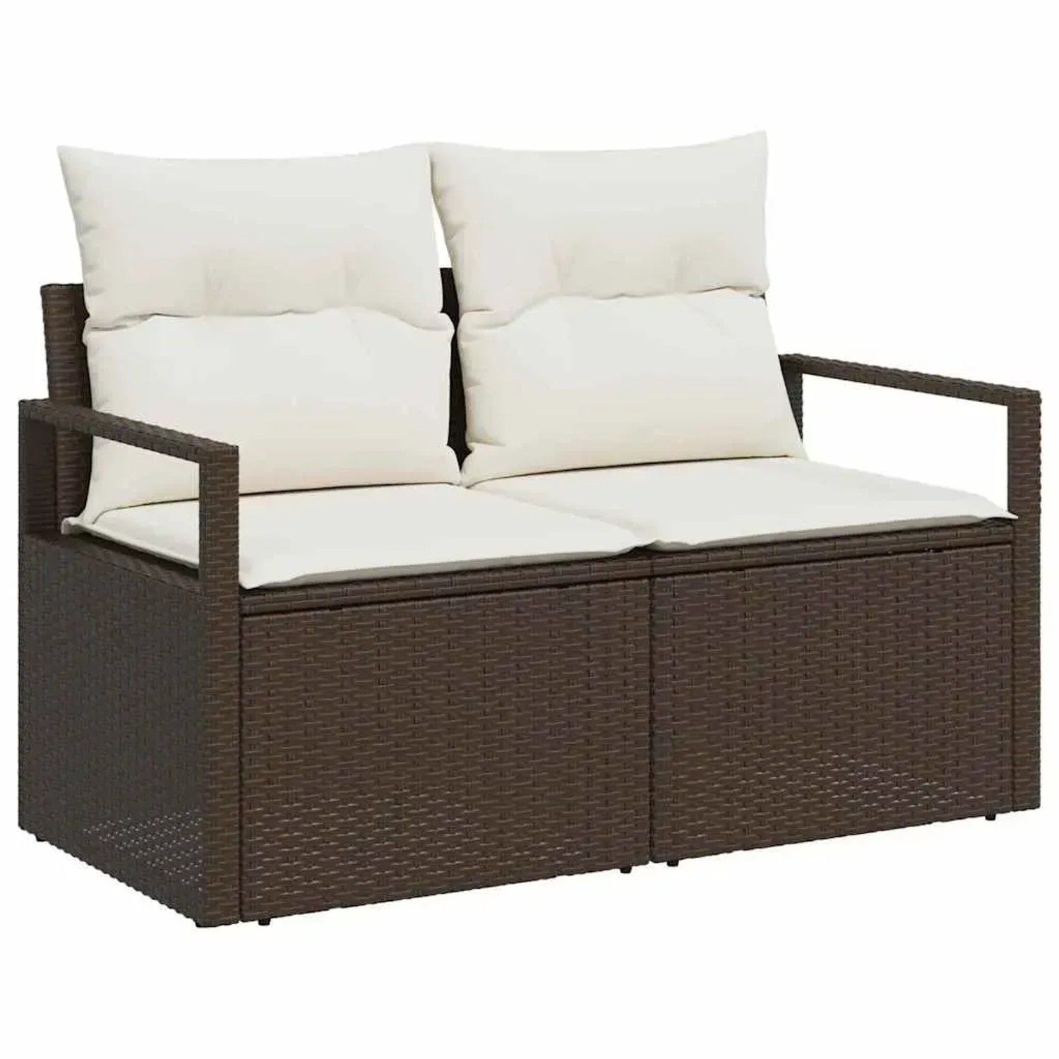 Braunes 2-Sitzer Garten-Sofa-Set aus Poly Rattan mit weißen Kissen.