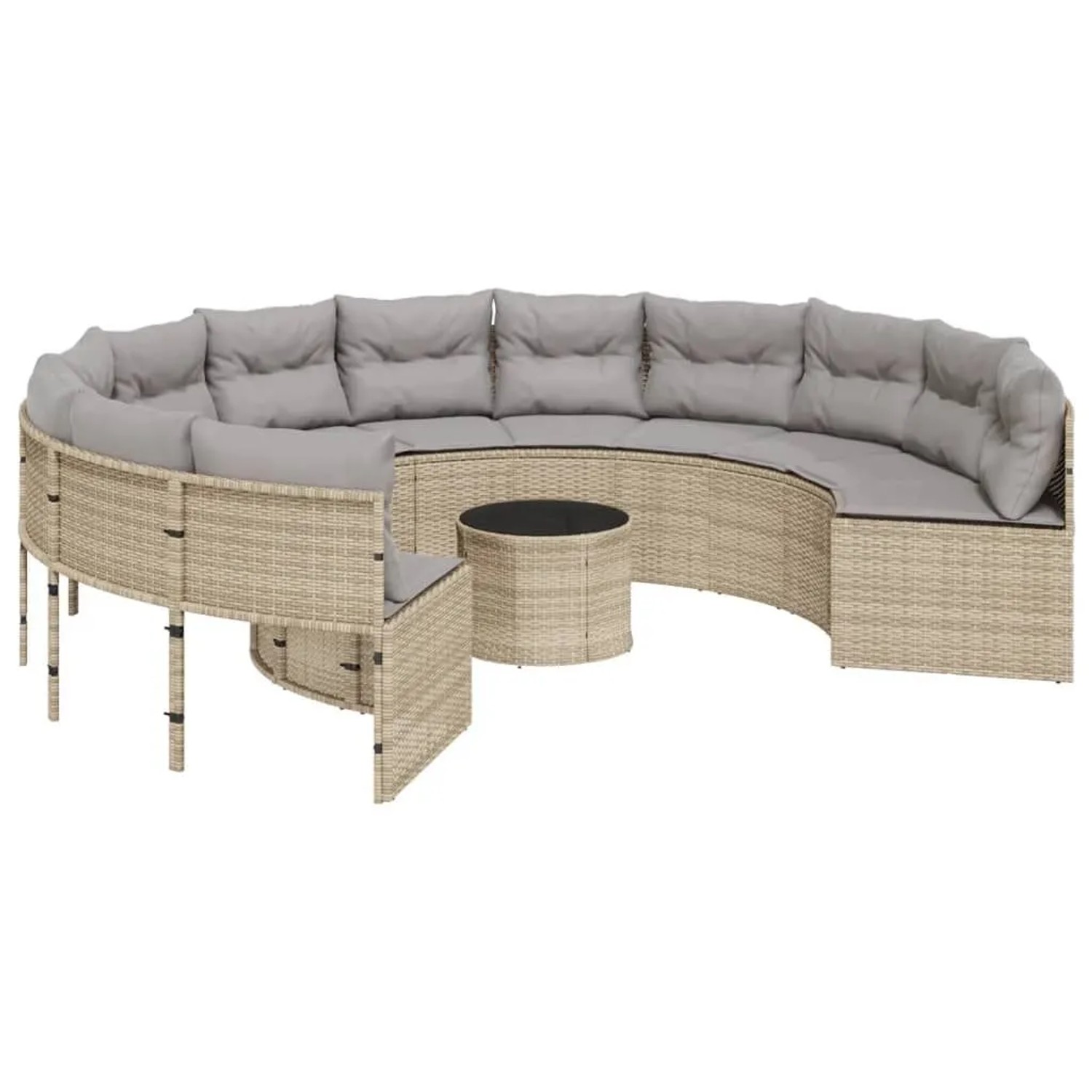 vidaXL Gartensofa mit Tisch und Kissen Rund Beige Poly-Rattan 3318546