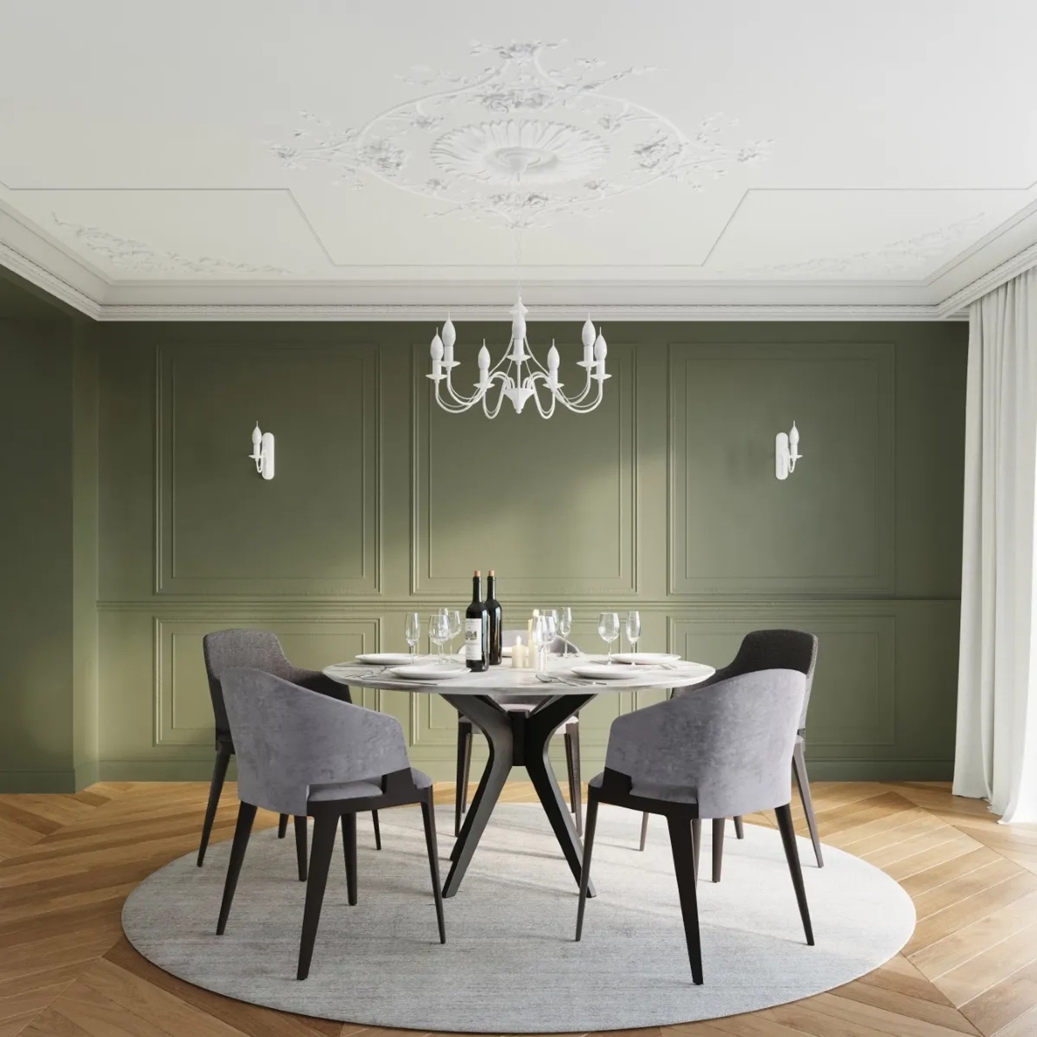 Weißer Sollux Lighting Kronleuchter Minerwa 7 über Esstisch im Interieur.