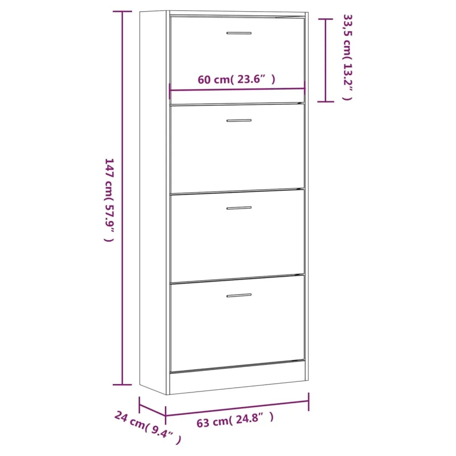 vidaXL Schuhschrank Grau Sonoma, 63x24x147 cm, Holzwerkstoff. Schuhkipper mit 4 Klappen.