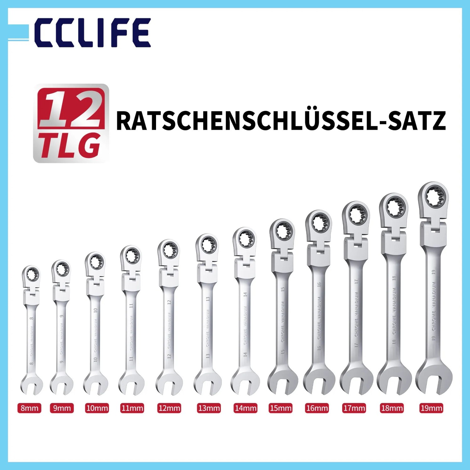 12-teiliger CCLIFE Gelenk-Ratschenschlüssel-Satz, 8-19mm, für Werkstatt & Kfz-Reparaturen.