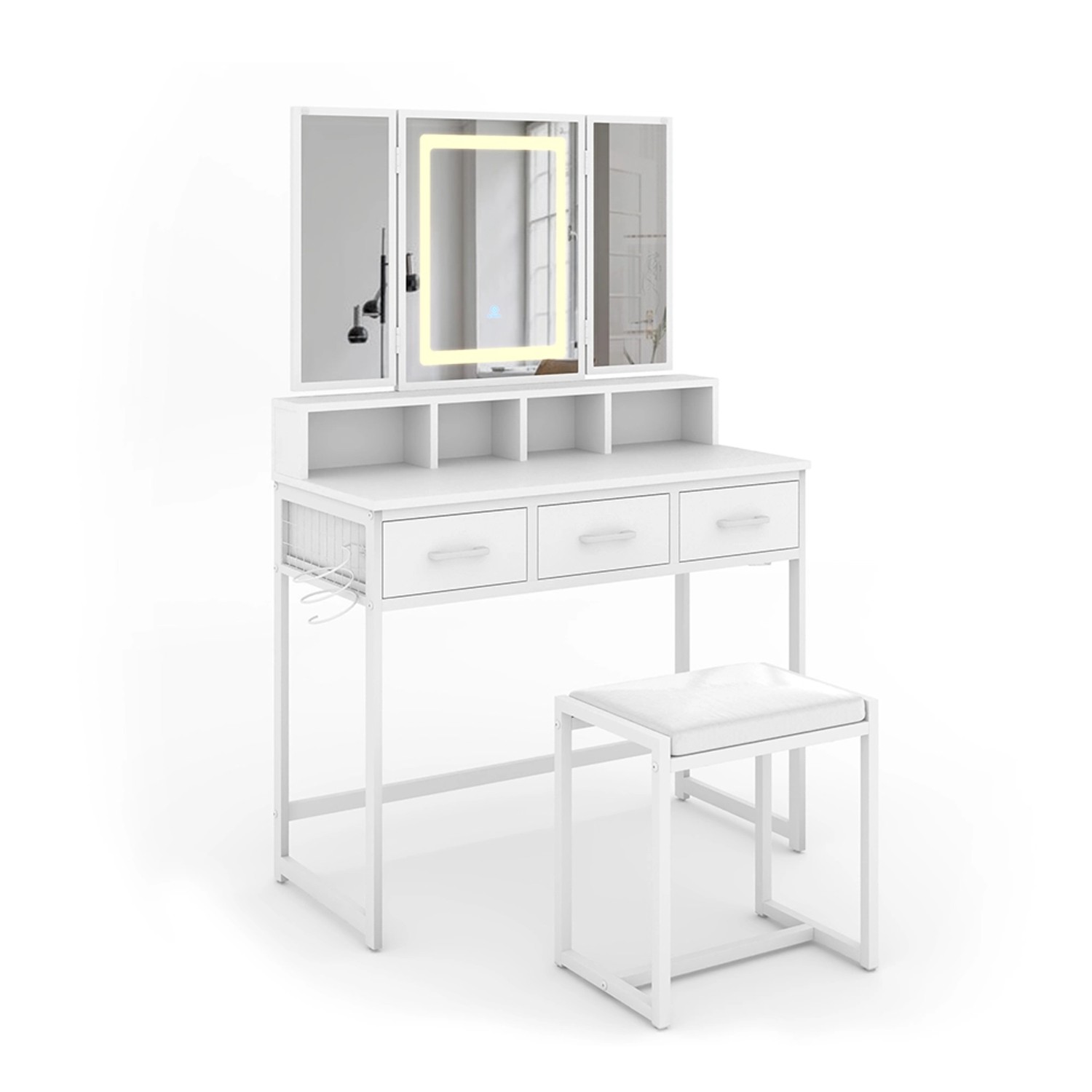 Vicco Schminktisch Mavida Weiß 90 cm mit LED-Spiegel und Hocker günstig online kaufen