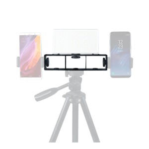 Schwarze Instarter All Star Bracket Halterungsschiene auf Stativ, hält Smartphones und LED-Leuchte für Video & Foto.