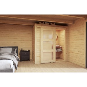 Lasita Maja Innenraum Set Domeo S Natur mit Schiebetür und Milchglasscheibe im Gartenhaus.