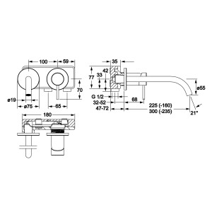 Technische Zeichnung: Hansa Waschtisch-Wandarmatur HANSAPUBLIC, 22,5 cm Ausladung, in Schwarz-Matt.