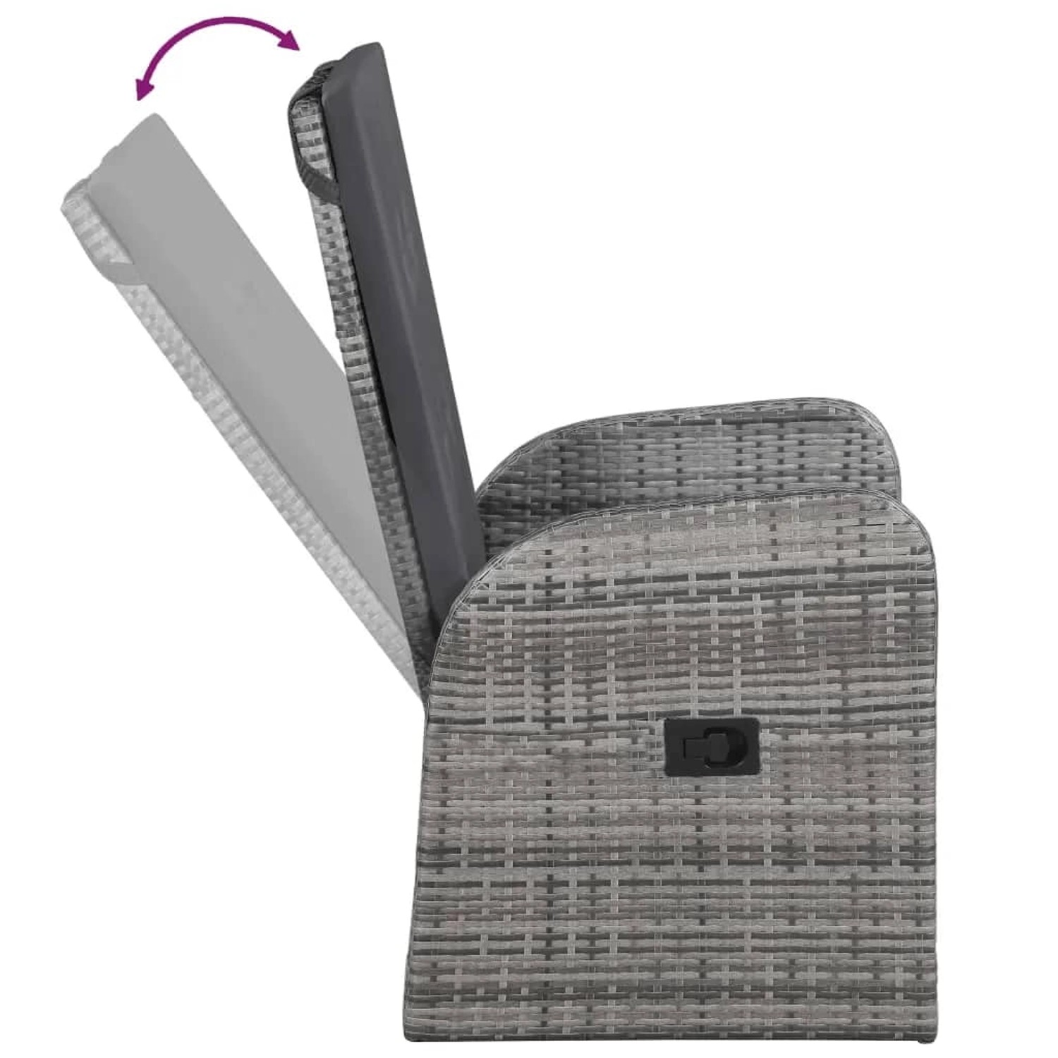 Verstellbarer Rattansessel in Grau, Teil der 7-tlg. vidaXL Garten-Essgruppe mit Auflagen.