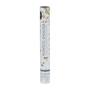 Zylindrischer Party Popper in Weiß mit goldenen Metallic-Streifen und Aufschrift Konfetti-Shooter für Feiern.