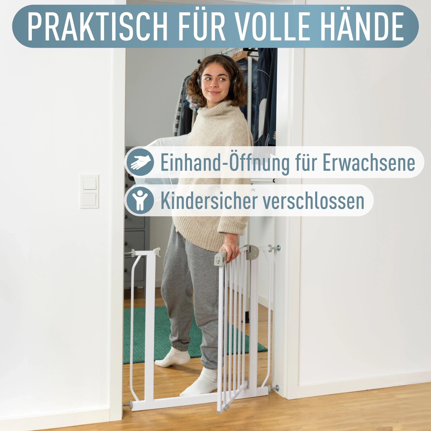 ib style Türschutzgitter Berrin 58-185cm Treppenschutzgitter für Kinder und Haustiere Ohne Bohren Weiß 140-150 cm_6