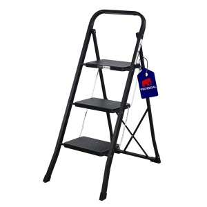 PROREGAL Klapptrittleiter mit 3 Stufen aus Stahl, matt schwarz. Haushaltsleiter für sicheren Stand.