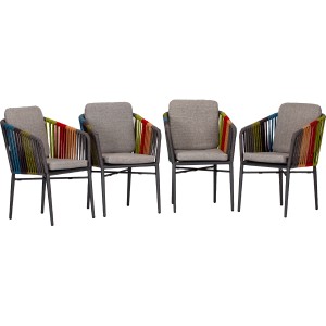 Acamp Manhattan Sessel Set, 4 anthrazitfarbene Gartenstühle mit bunten Schnüren und grauen Kissen.