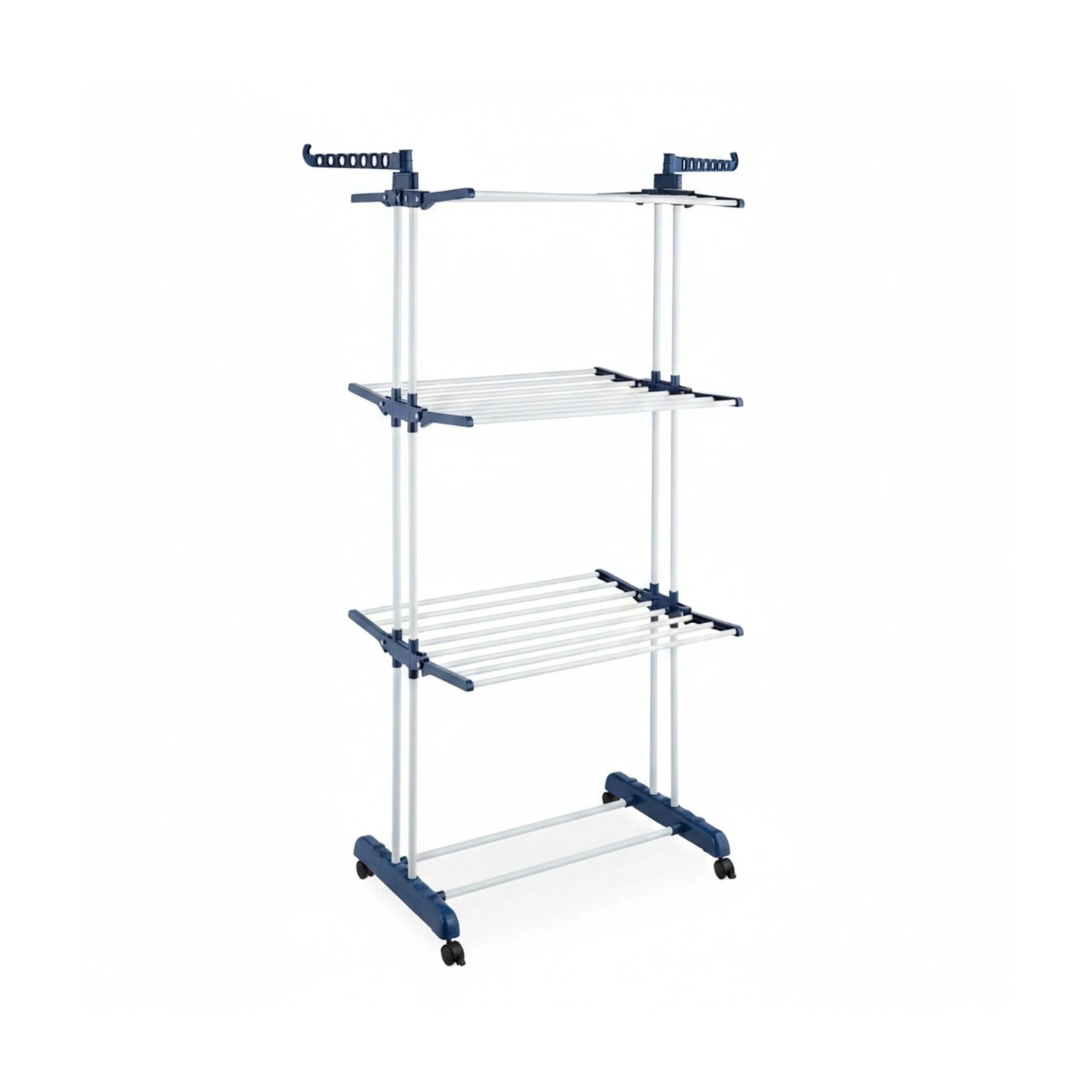 Relaxdays Wäscheturm Stahl Kunststoff Weiß Blau 3 Ebenen Rollbar 179 cm x 126 cm x 63,5 cm 3,9 kg