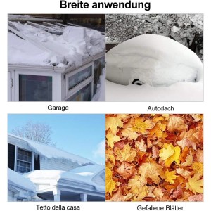 Anwendungsbeispiele der Costway Dach-Schneeschaufel: Garage, Autodach, Hausdach und gefallene Blätter.