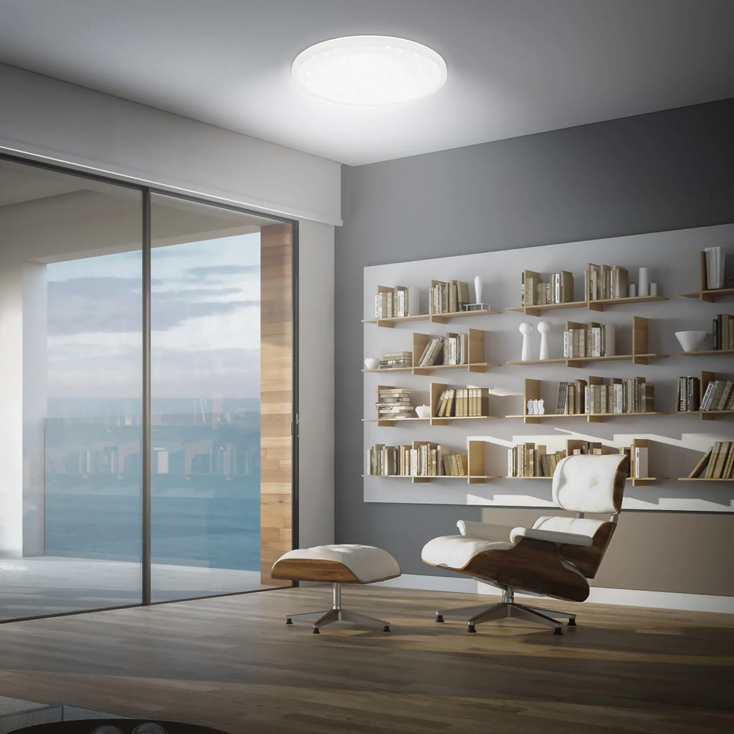 Weißes Brilo LED-Panel Slim Sternenhimmel, eine moderne LED-Deckenleuchte mit Sterneneffekt.