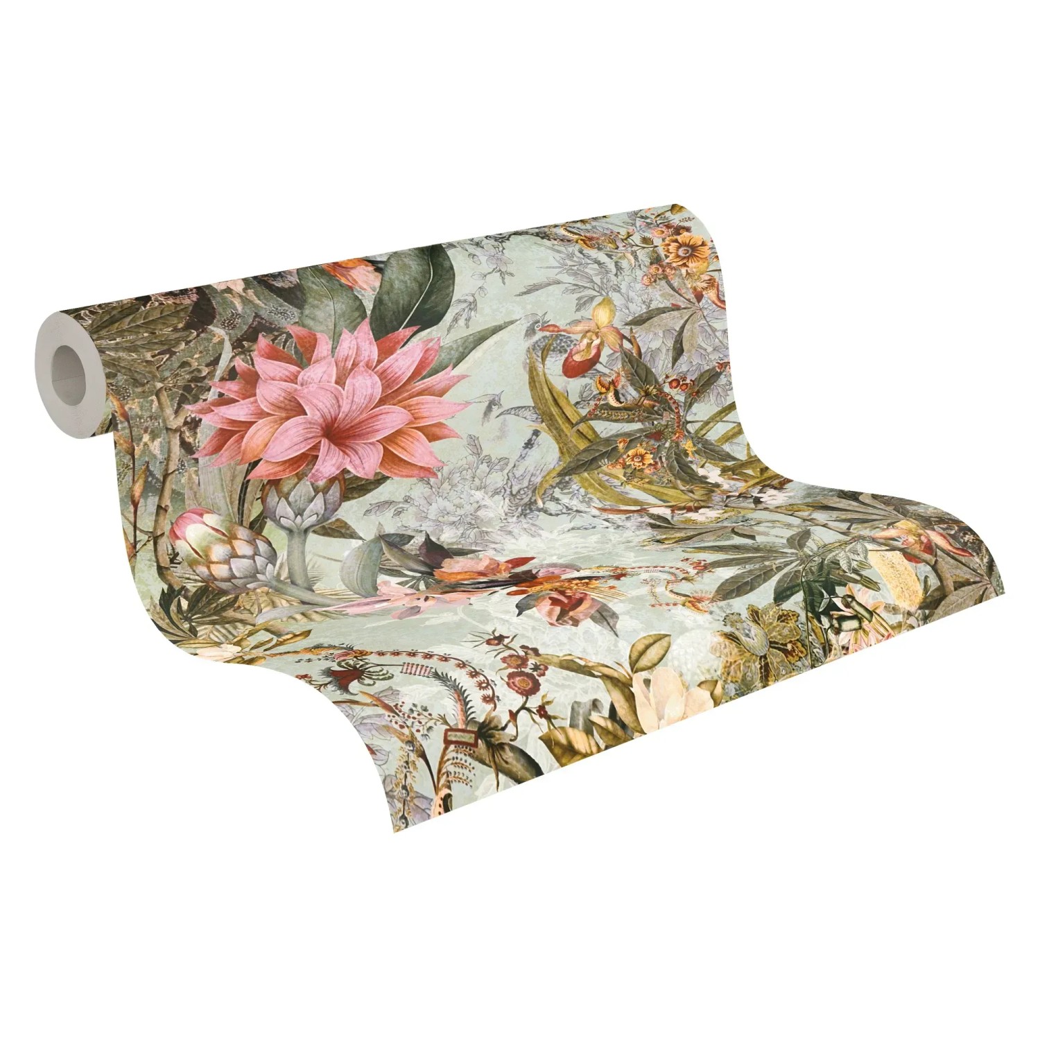 Vliestapete mit Blumenmuster in Grün und Rosa, matte Oberfläche. Dekorative Tapete mit floralem Design.