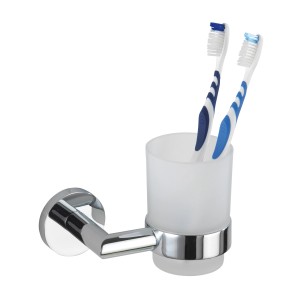 Wenko Zahnputzbecherhalter Revello mit Glasbecher und verchromter Messinghalterung, inklusive zwei Zahnbürsten.
