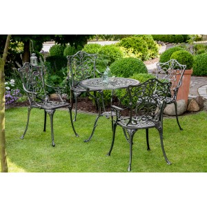 Graues 5-tlg. Gartenmöbel-Set Lugano mit filigranen Ornamenten auf Tisch und Stühlen.