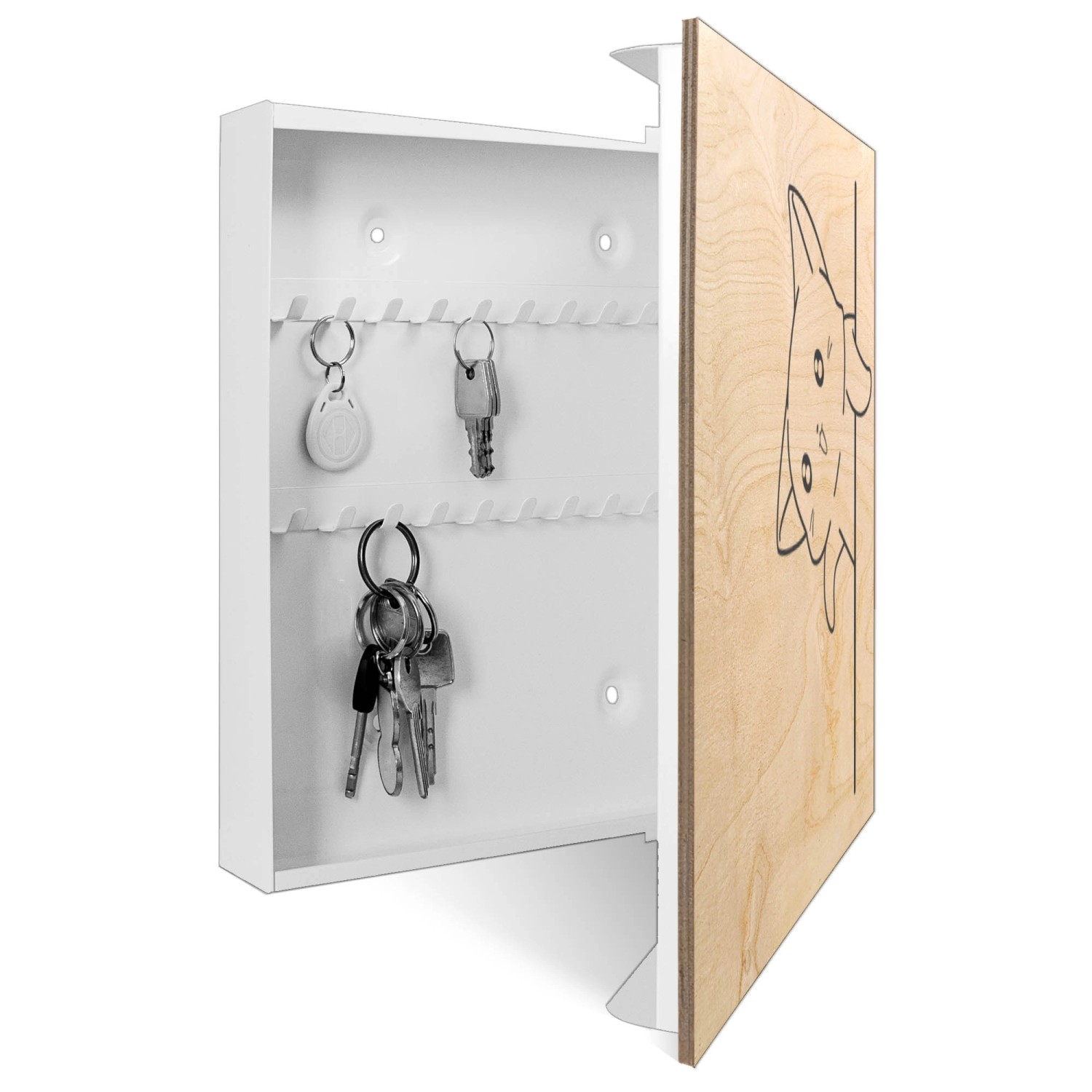 Banjado Schlüsselbox aus Holz, 30x30cm, weiß, mit Katzenmotiv und 50 Haken. Schlüsselkasten für die Wand.