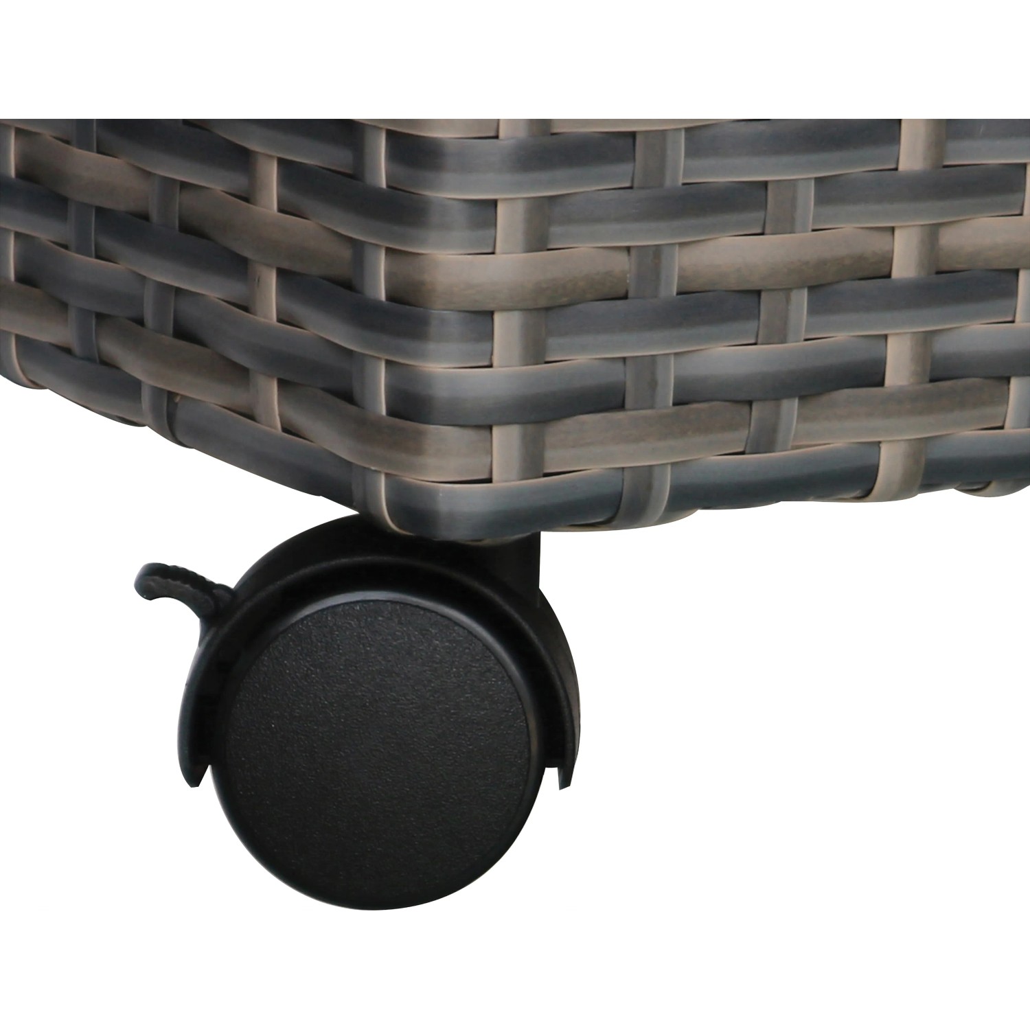Detailaufnahme: Anthrazit-beiger Polyrattan Pflanzkasten mit feststellbarer Rolle.