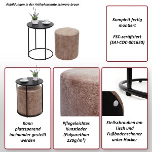 MCW 2er-Set Sitzhocker und Beistelltisch K48, schwarz-braun, platzsparend ineinander schiebbar.