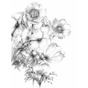 Schwarz-weiße Fototapete mit Blumenmotiv Embroidery, 184x248 cm. Elegante Wandgestaltung für Wohnräume.