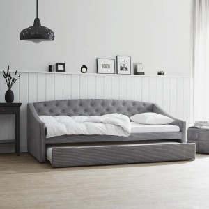 Graues Homestyle4u Polsterbett 90x200 mit Ausziehfunktion als Schlafsofa/Tagesbett.