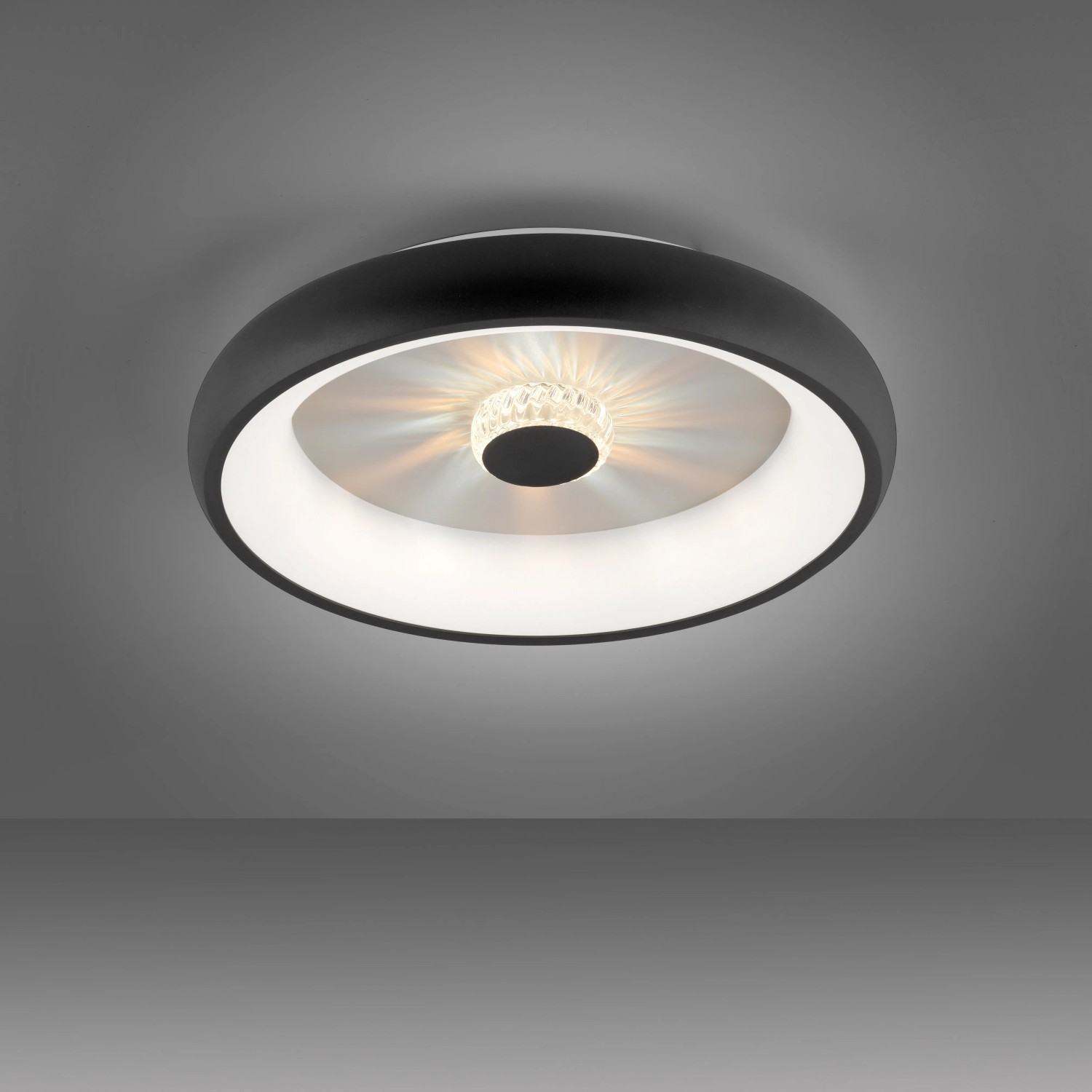 Moderne LED-Deckenleuchte Vertigo in Schwarz, Ø 46,5 cm mit Kristalleffekt.