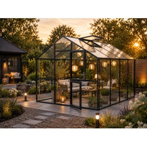 KGT Gewächshaus Ortasia IV Anthrazit-Grau als Gartenlounge bei Sonnenuntergang. Großes, begehbares Gewächshaus mit Dachfenster.