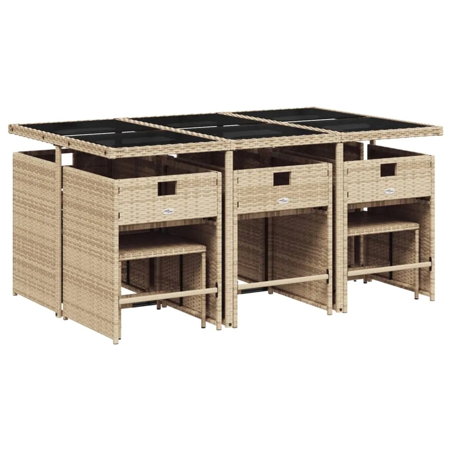 Beige 11-tlg. vidaXL Garten-Essgruppe aus Rattan mit Tisch, Stühlen und Hockern für Terrasse und Garten.