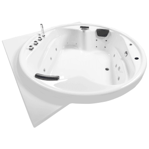 Basera® Gomera Podest-Whirlpool Badewanne XXL, Eckmodell 186x186 cm, mit Düsen und Armatur in Weiß.