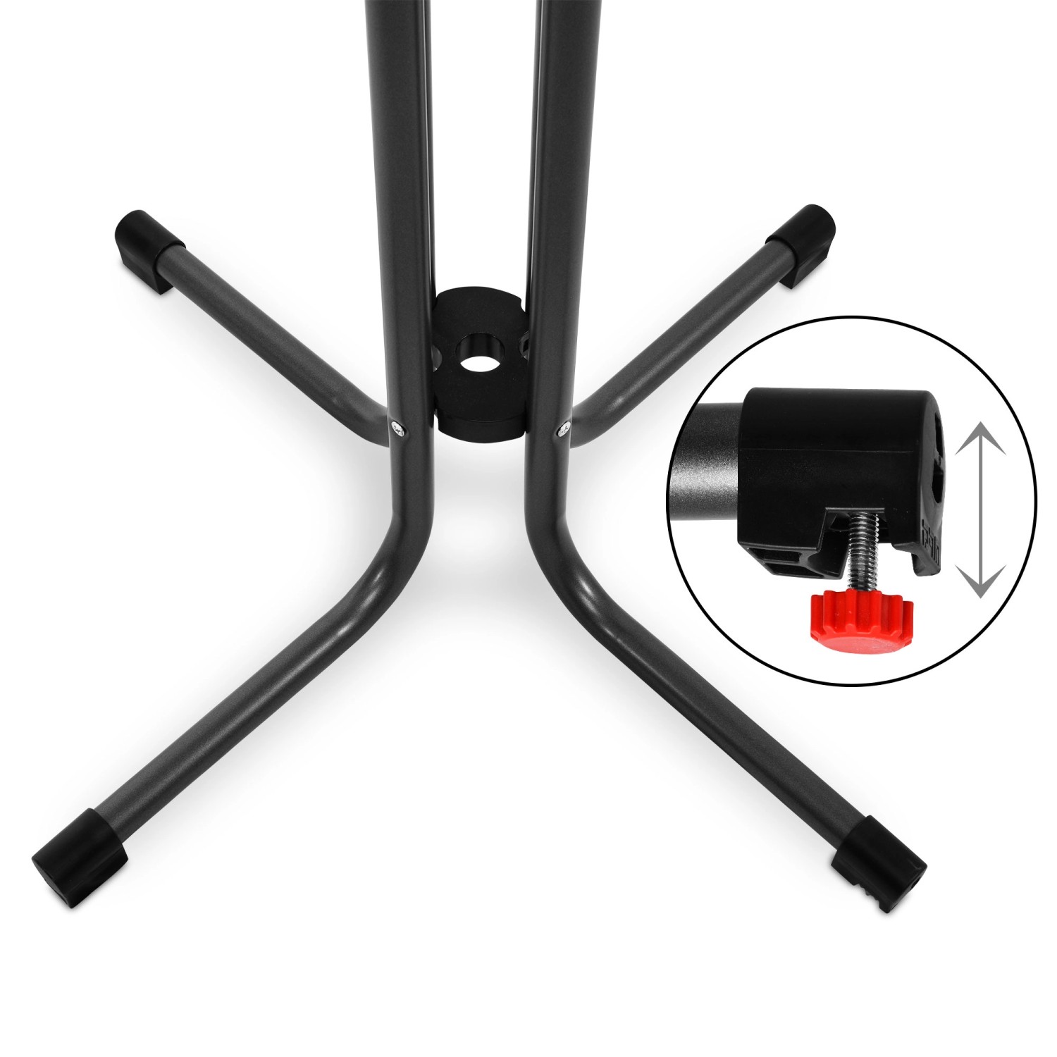 Detailaufnahme des grauen Stehtischfußes Beautissu Sylt mit Höhenverstellung.