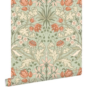 ESTAhome Vliestapete mit floralem Jugendstil-Muster in Grün, Terrakotta und Beige. Dekorative Wandgestaltung.