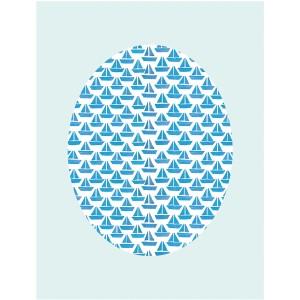 Komar Wandbild Shelly Aqua, 40x50 cm, mit blauem Segelboot-Muster in ovaler Form.