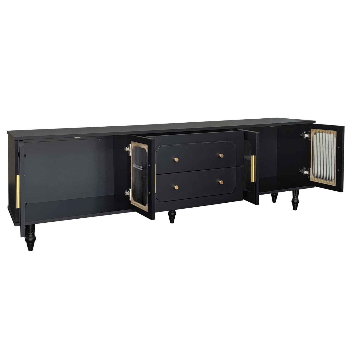 okwish TV Schrank mit Retro Glastür Gold Griffen Massivholz Beinen Stauraum 175x38x55.5cm Schwarz