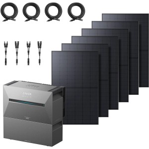 Anker Solix Solarbank 3 E2700 Pro Balkonkraftwerk mit 6 Solarpanels, Akku, Kabeln und Y-Steckern.