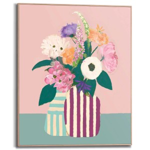 Gerahmtes Bild: Vase mit bunten Blumen und Streifenmuster, 50x40 cm, für Wohnzimmer.