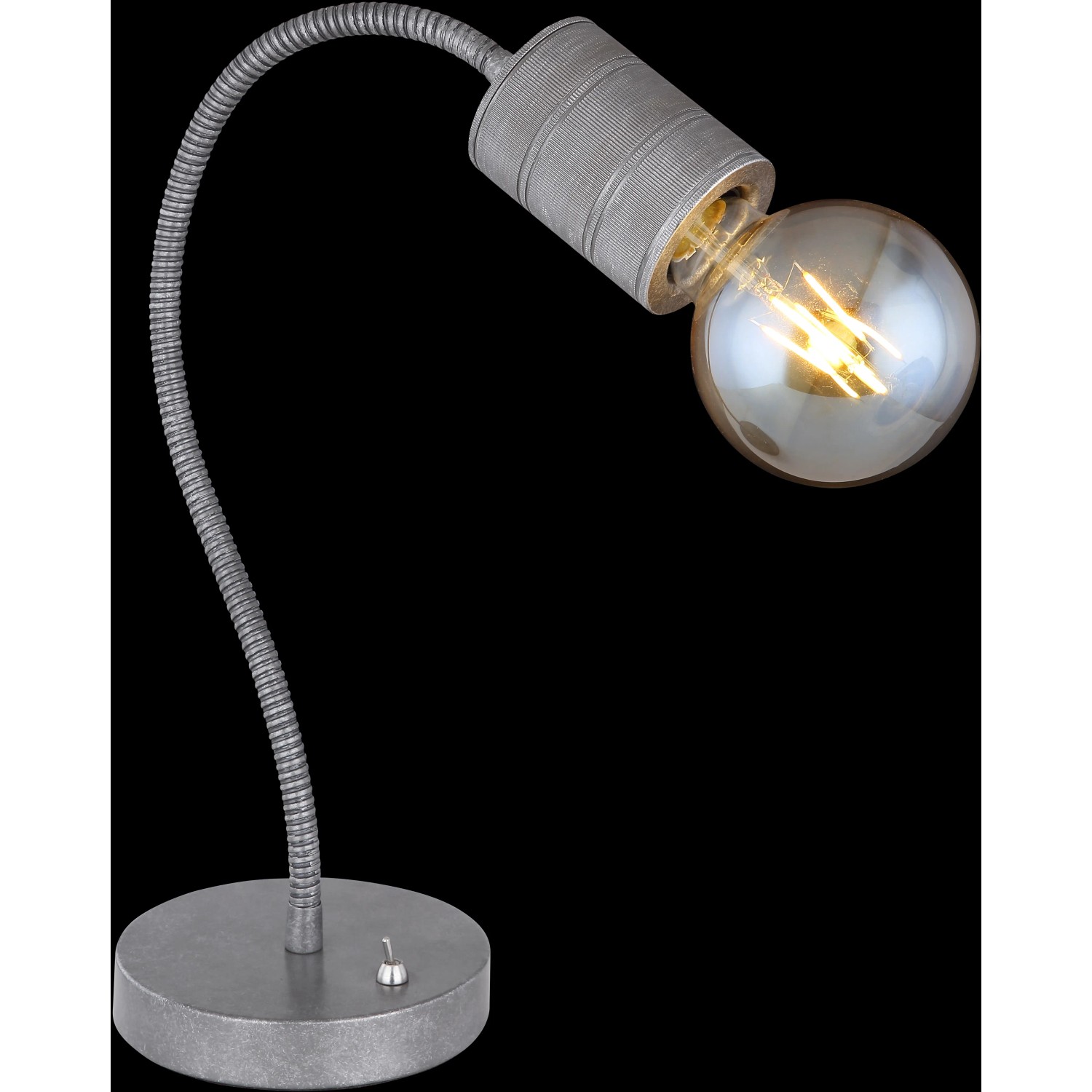 Silberne Globo Tischlampe Freddy mit Flexarm und E27 Fassung. Design-Tischleuchte für Innenräume.