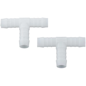 Zwei weiße T-Schlauchverbinder aus Kunststoff, 16 mm, für die Verbindung von drei Schläuchen.