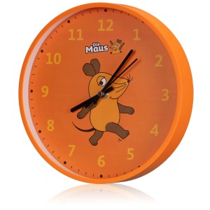 Orangefarbene Kinderwanduhr mit Maus-Motiv, Ø 25 cm. Ideal zum Lernen der Uhrzeit.