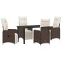 5-teiliges Garten-Esszimmer-Set aus braunem Poly Rattan mit Tisch und Stühlen mit Kissen.