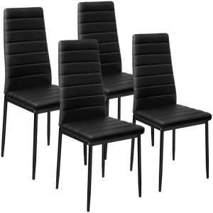 Vier schwarze Esszimmerstühle mit hoher, gepolsterter Rückenlehne und Kunstlederbezug. Modernes 4er Set.