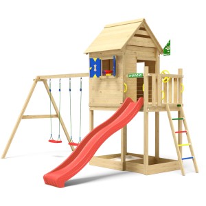 Jungle Gym Spielturm Hideout mit roter Rutsche, Schaukeln und Leiter. Holz-Spielanlage für Kinder.