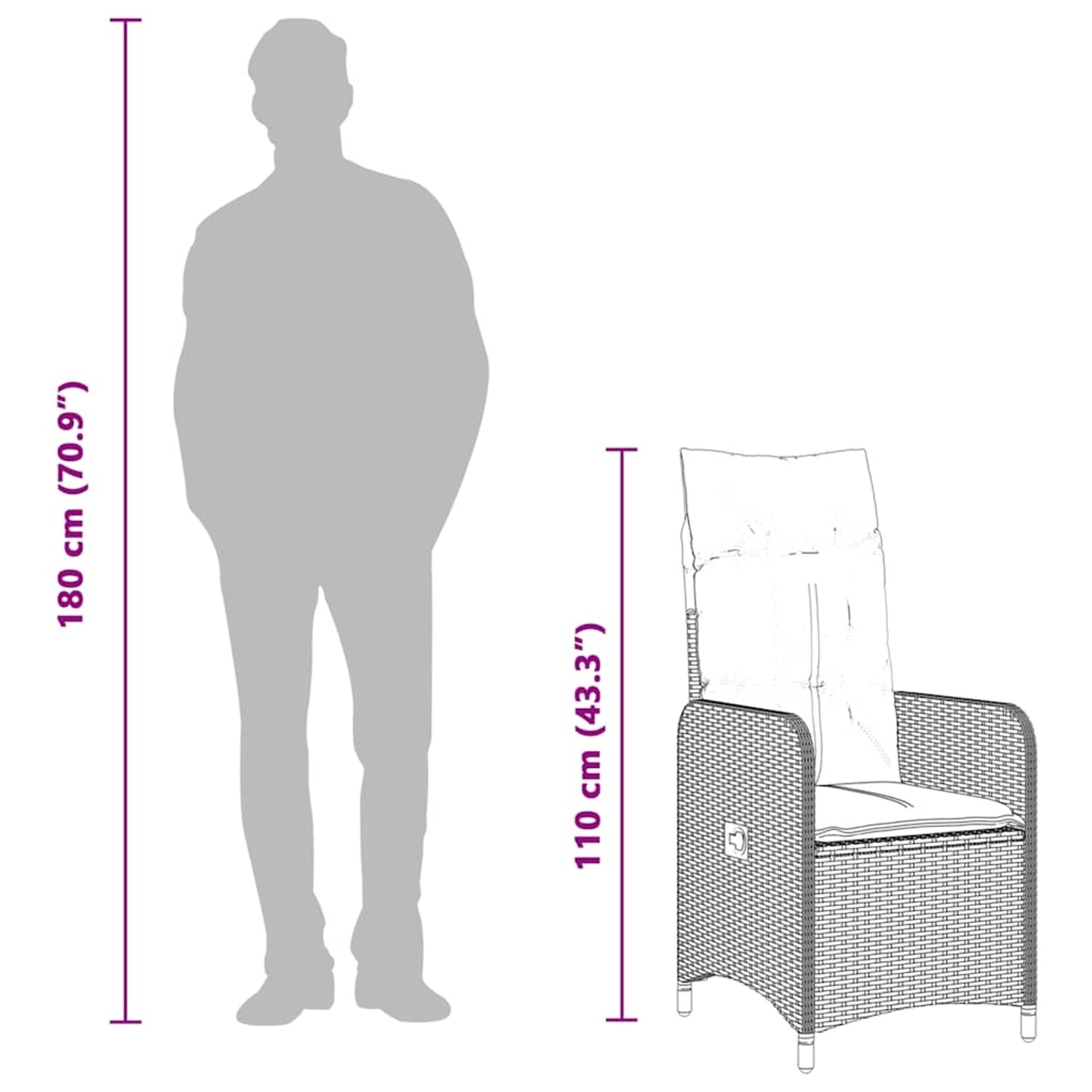 vidaXL Garten-Bistro-Set, 3-teilig, beige Poly Rattan, mit Maßangaben zu Stuhl und Person.