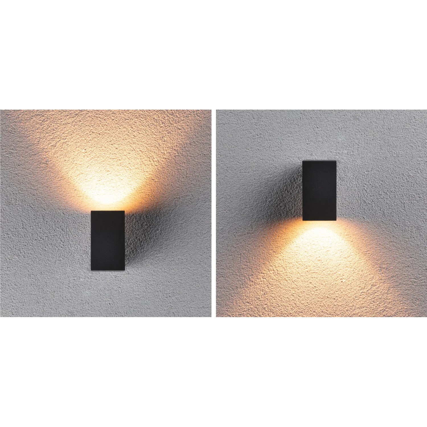Anthrazitfarbene Paulmann LED-Außenwandleuchte Flame mit warmem Licht an grauer Wand.